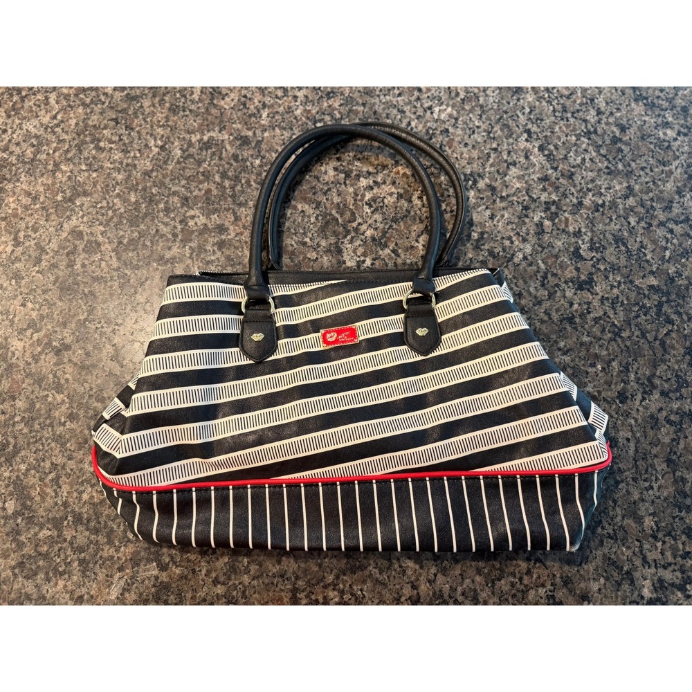Betsey Johnson Luv Betsey Striped Satchel Bag Black White Red Piping Handbag